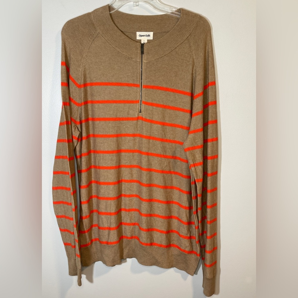 Open Edit Men's Tan Striped Quarter Zip Sweater NWOT